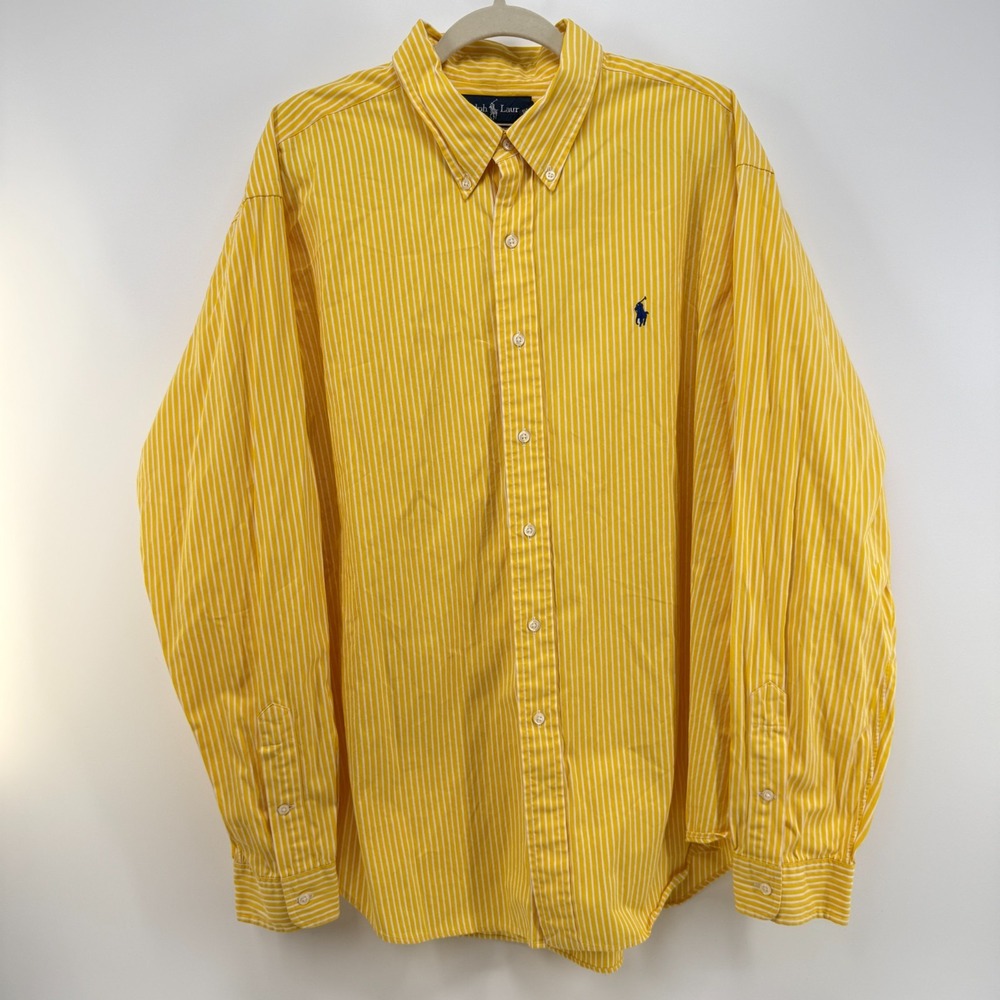 Ralph Lauren Button Down Shirt Men's XXL Yellow Striped Classic Fit Long Sleeve